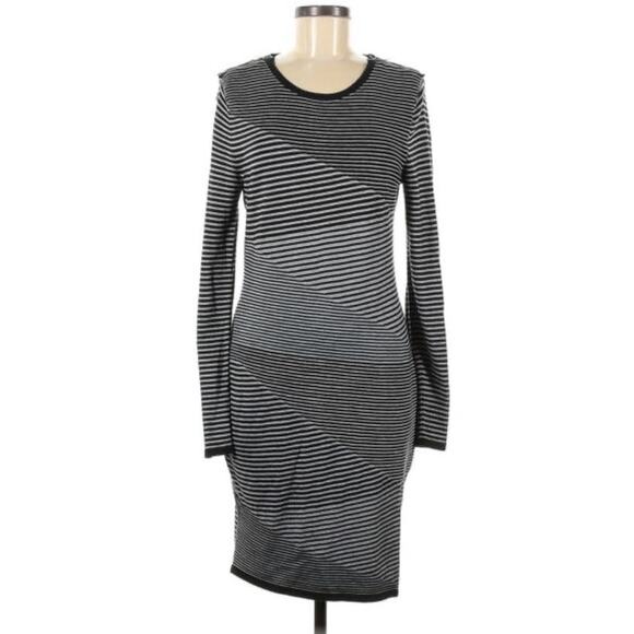 Michael Kors Ponte Knit Heather Pearl Gray Stripe Knit Dress Stretch Fitted sz S - Picture 1 of 13